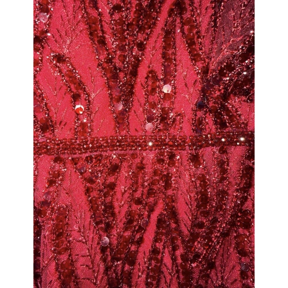 Mac Duggal Red Sequin Cocktail Midi Dress. Size 10 Fringe Sleeves V-Neck. NWT - Picture 13 of 14